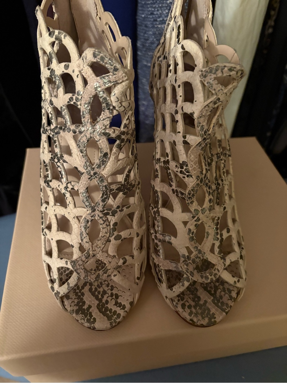 Vince Camuto Beige Laser-Cut Peep-Toe Heels with Snakeskin Detail